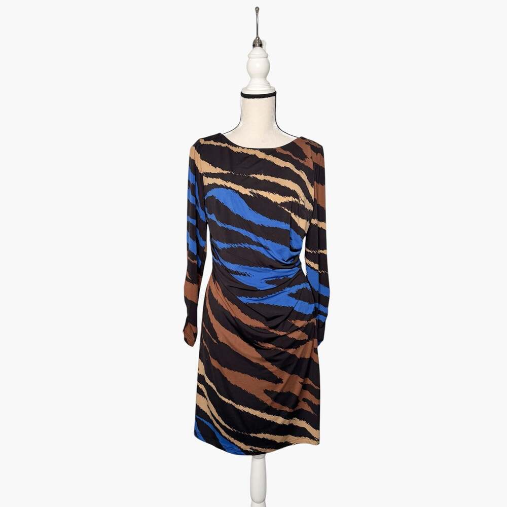 David Meister Long Sleeve Animal Print Ruched Sheath Dress Size 10